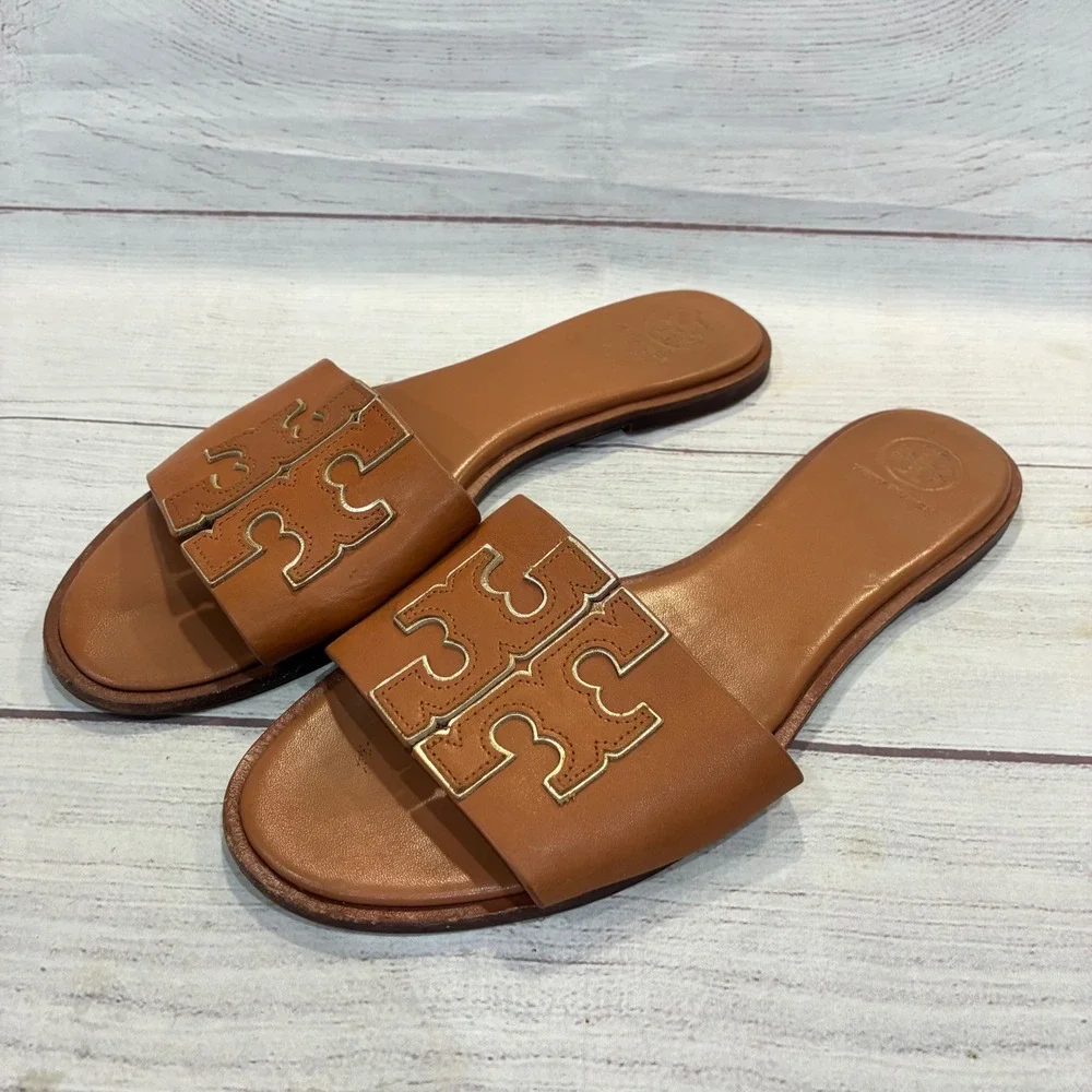 Tory Burch Double T Sport Sandals Womens 9.5 Tan Brown Leather Logo Flats 5695